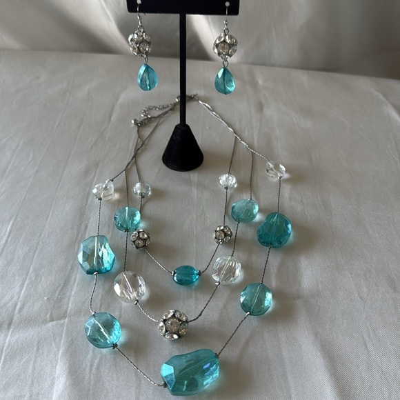 Teal & Crystal Beaded Multi-Strand Wire Necklace and Earring Set - Picture 2 of 10